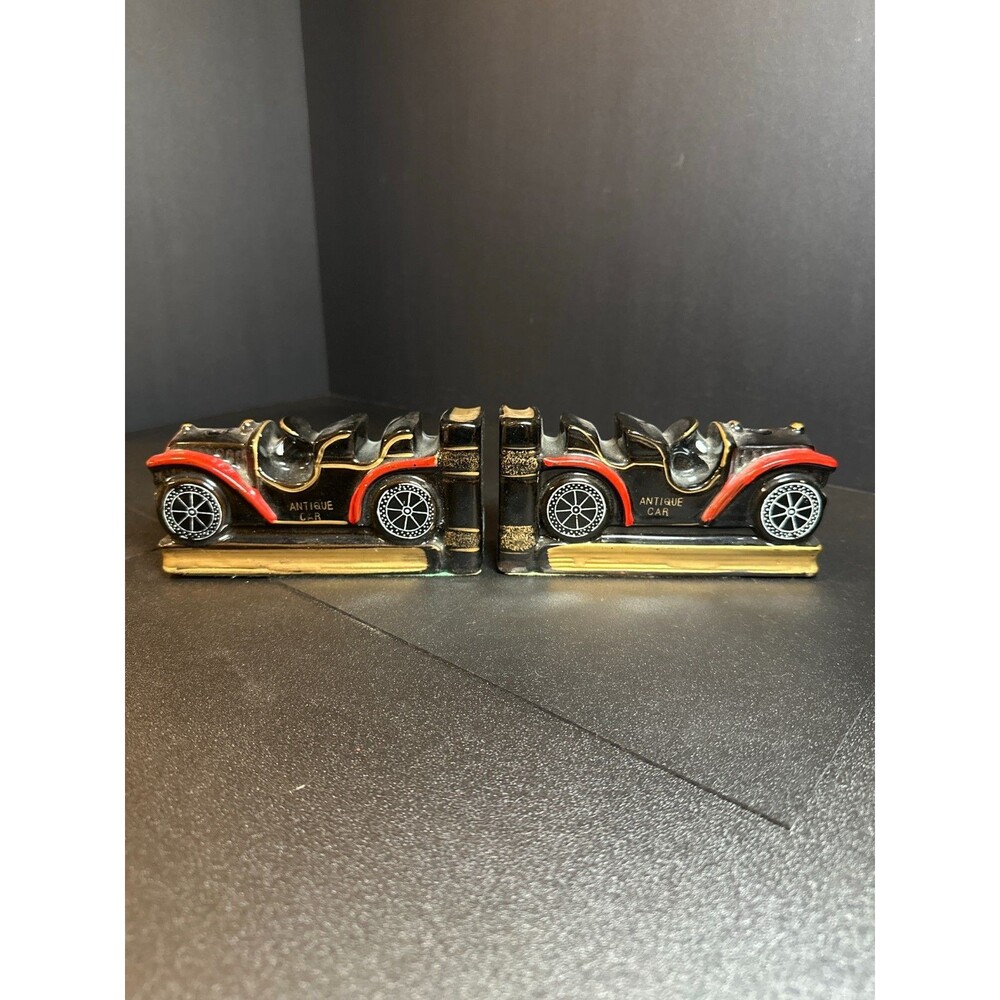 Vintage‎ Japan Ceramic Antique Car Bookends Red Black Gold 6"x3" Pair